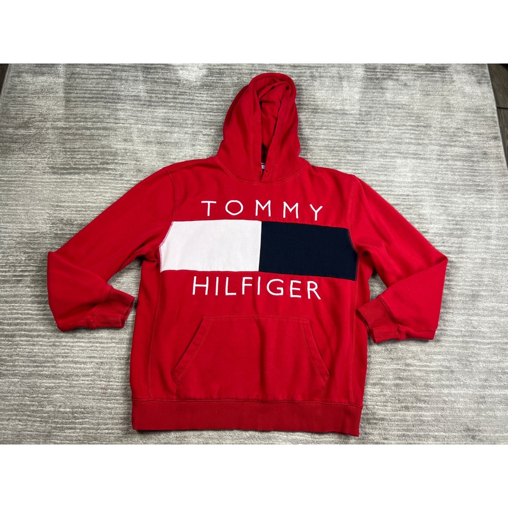 Tommy Hilfiger Hoodie Mens XL Red Colorblock Flag Logo Pullover Sweatshirt